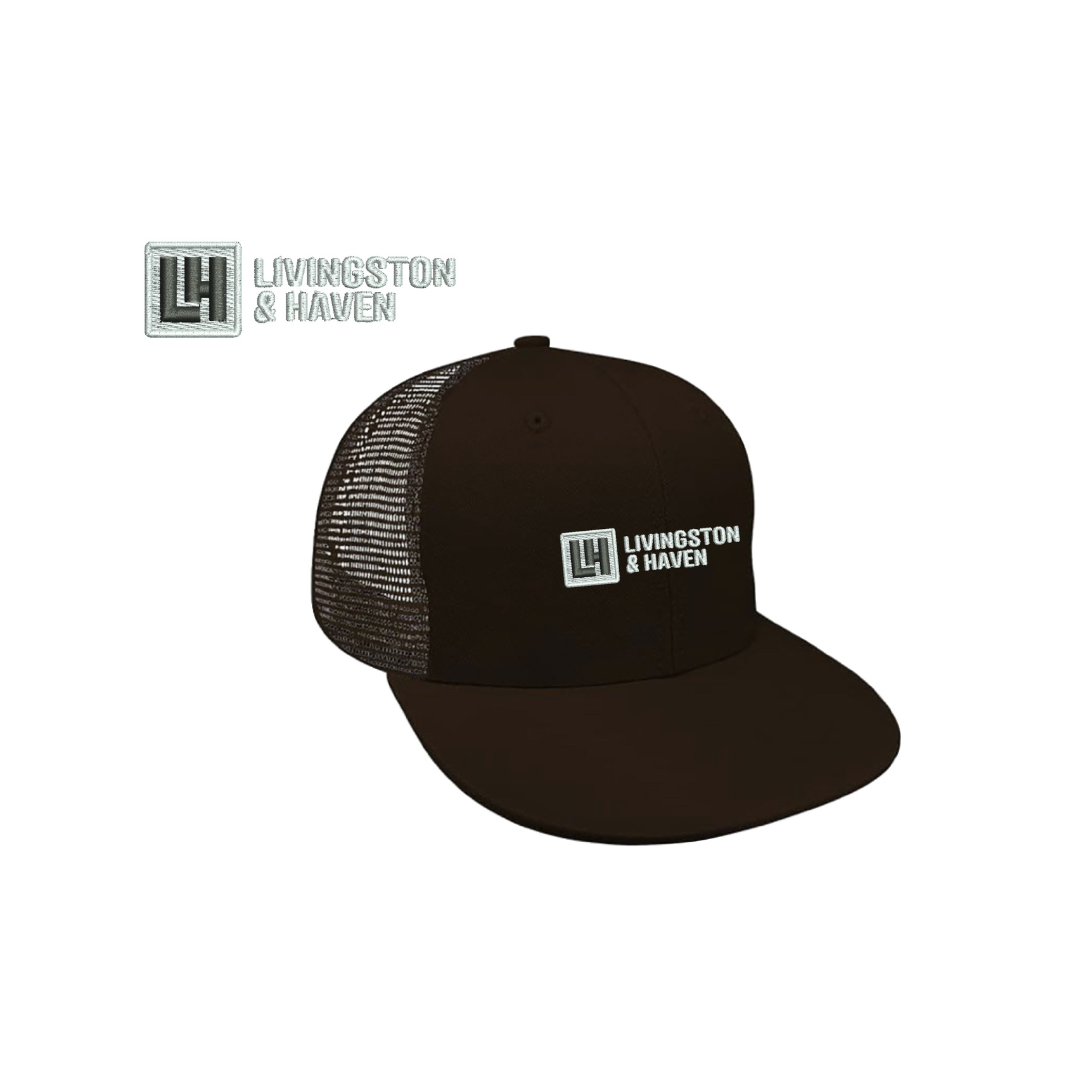 Black cap with mesh back and Livingston & Haven logo on a white background