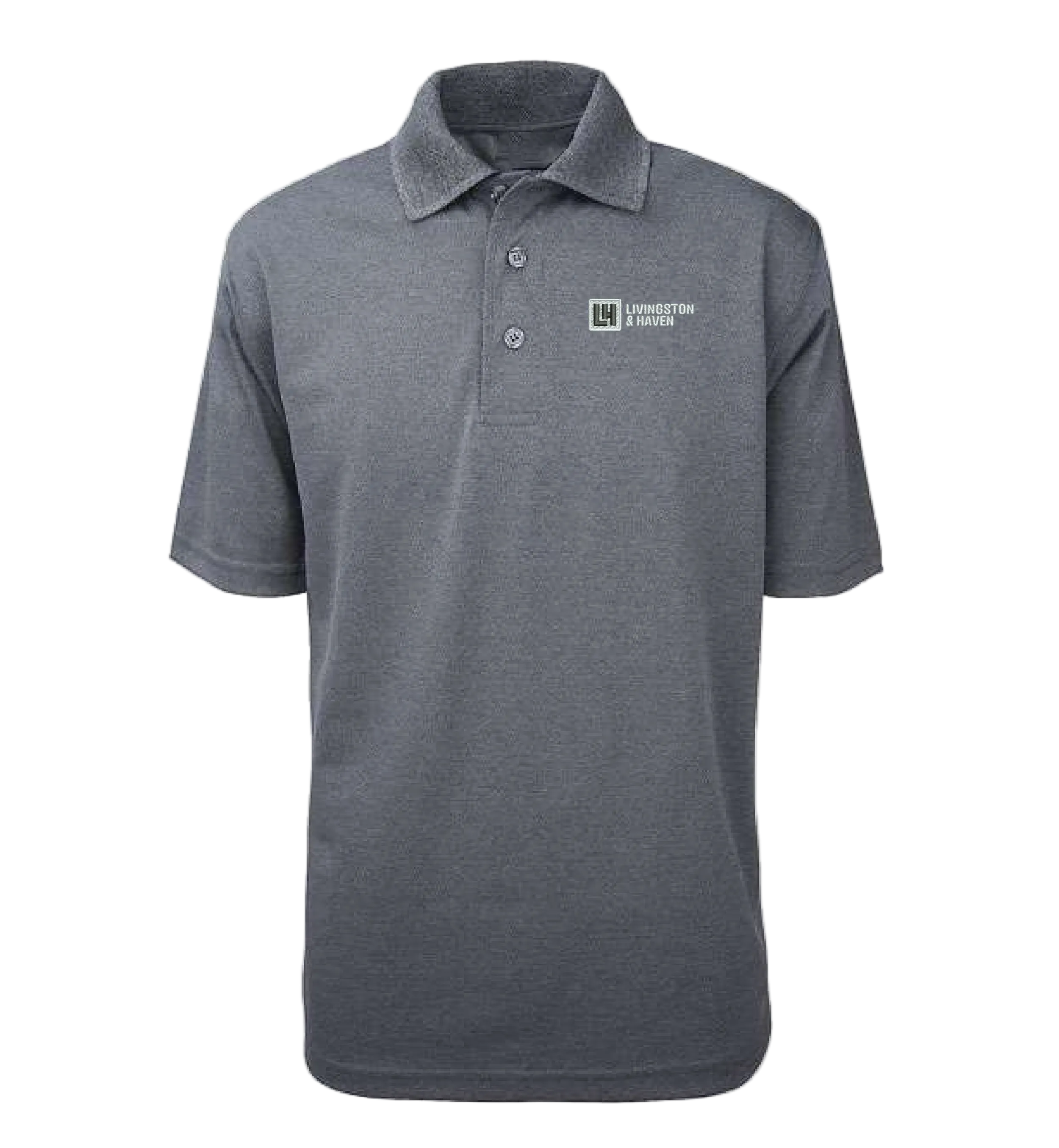 Gray polo shirt with a logo on a white background
