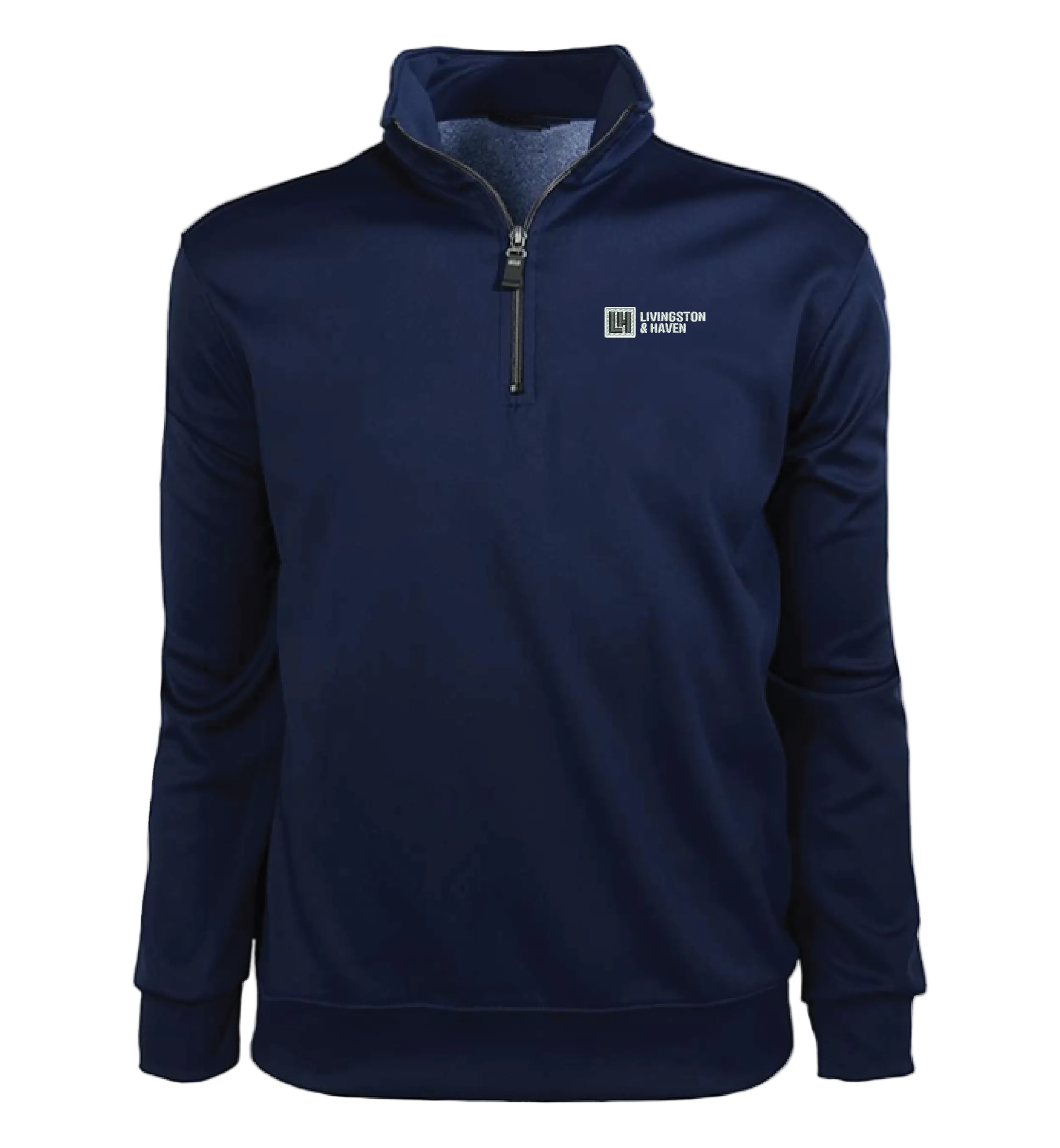 Navy blue pullover with a logo on a white background