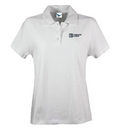 White polo shirt with a logo on a white background