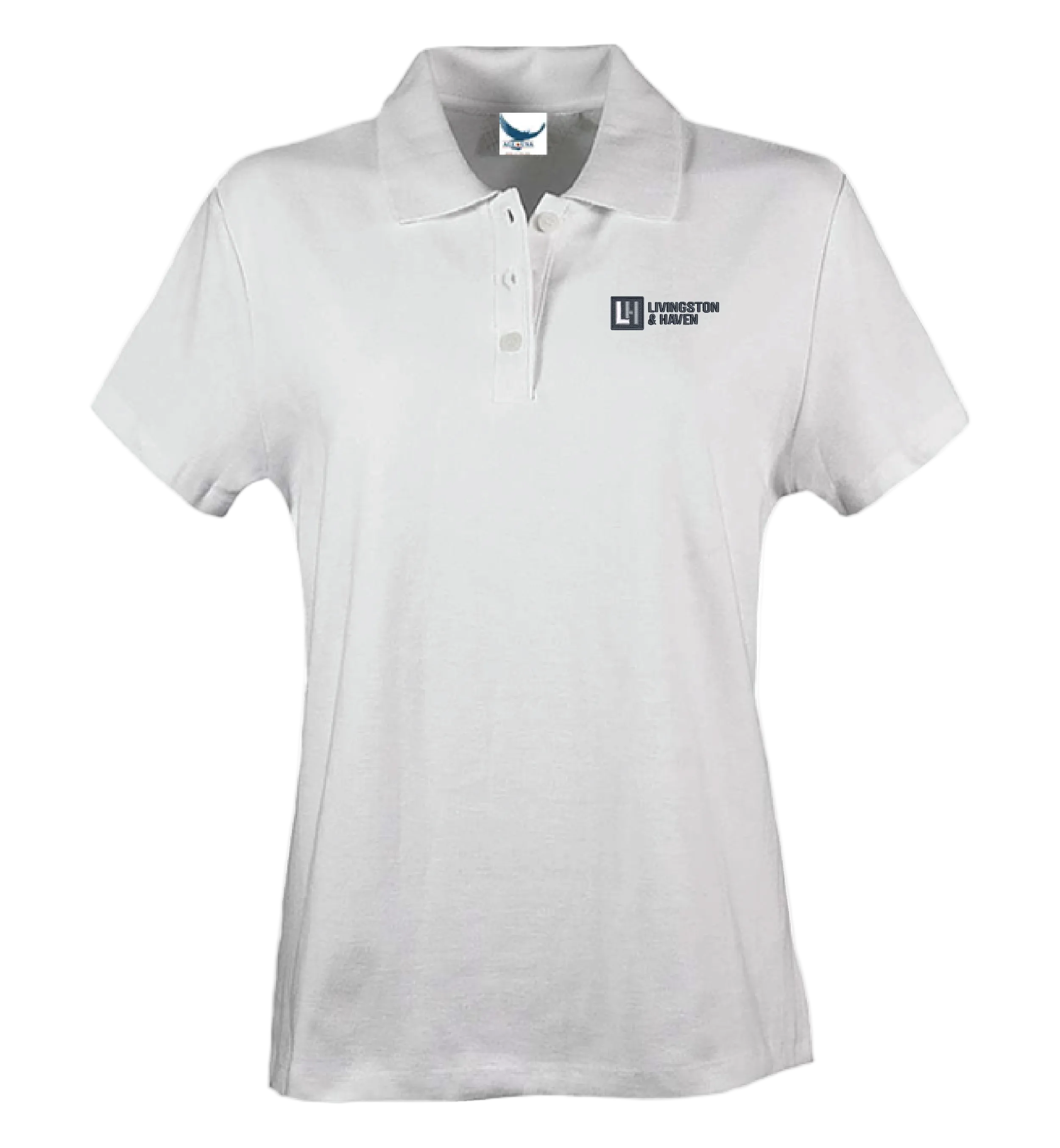 White polo shirt with a logo on a white background