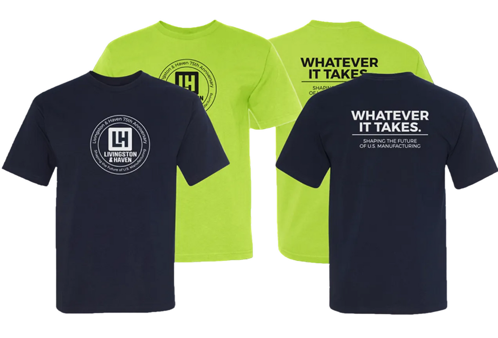 Three t-shirts in black, green, and blue with visible branding and text on a blue background